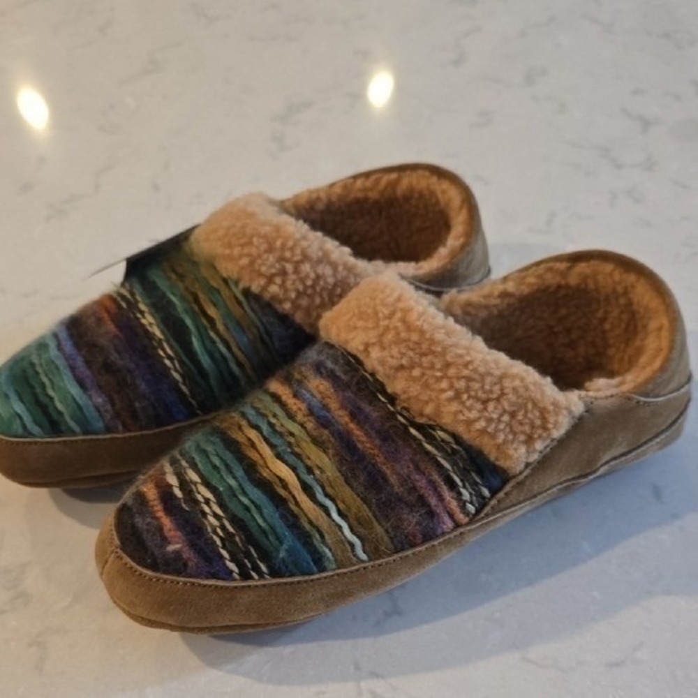 Lamo Briony Suede Faux Fur Slippers Tan Striped Cozy Cabin Cottagecore NWT